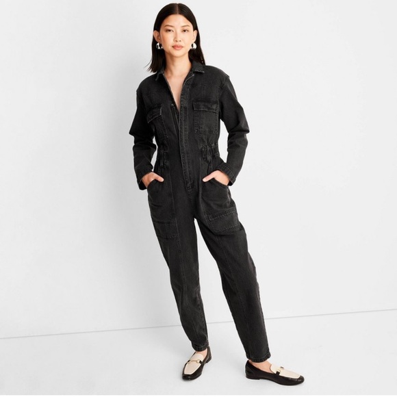 NWT Universal Thread Women’s 2 Long Sleeve Washed Black Denim Jumpsuit - Picture 1 of 8